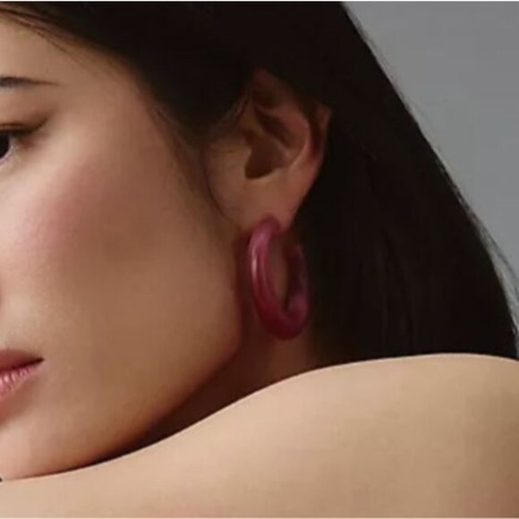 NWT Anthropologie Pink Cat's Eye Stone Pierced Hoop Earrings 1.70" Diameter - Picture 2 of 8